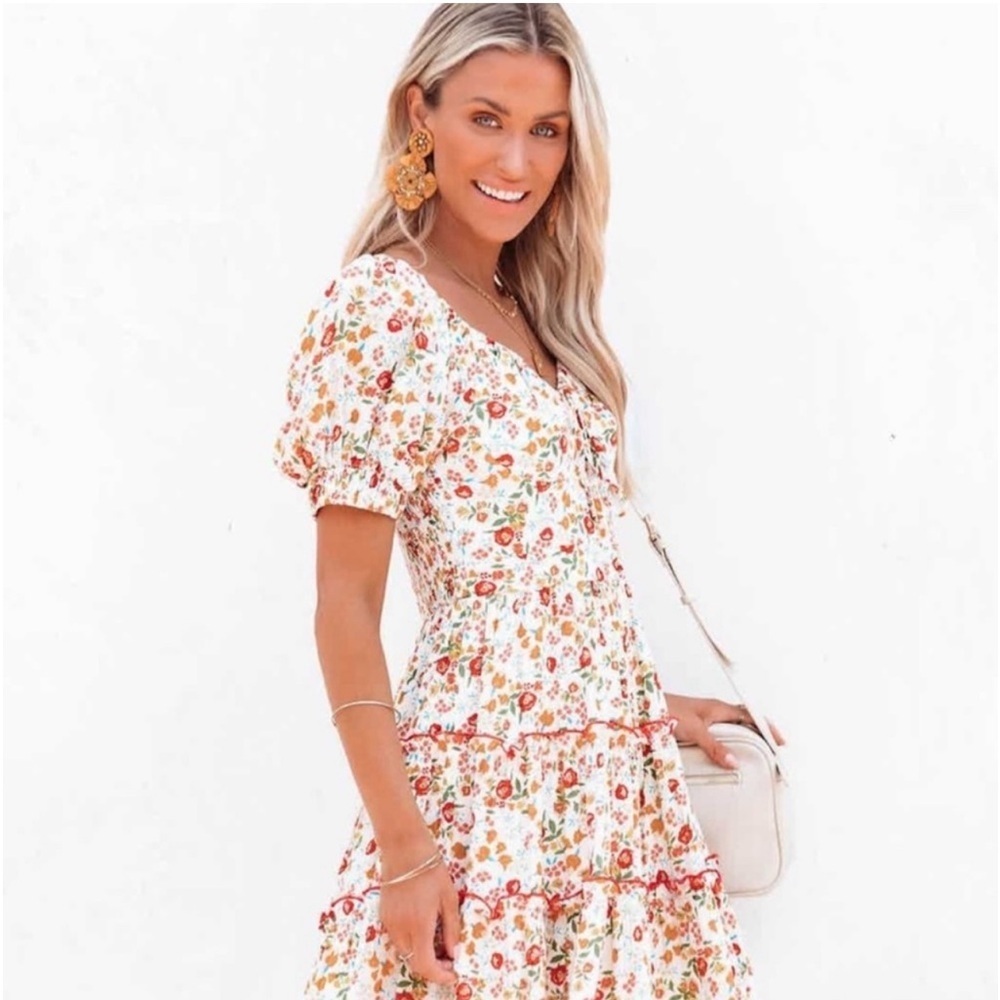Vici Cream Floral Mini Dress with Orange & Green